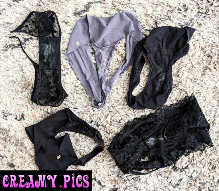 Dirty panty paradise 🌴 Which one's your favorite? Top left creampie, top right small skid, bottom left I just took off so they're still wet 💦 others are grool and cum